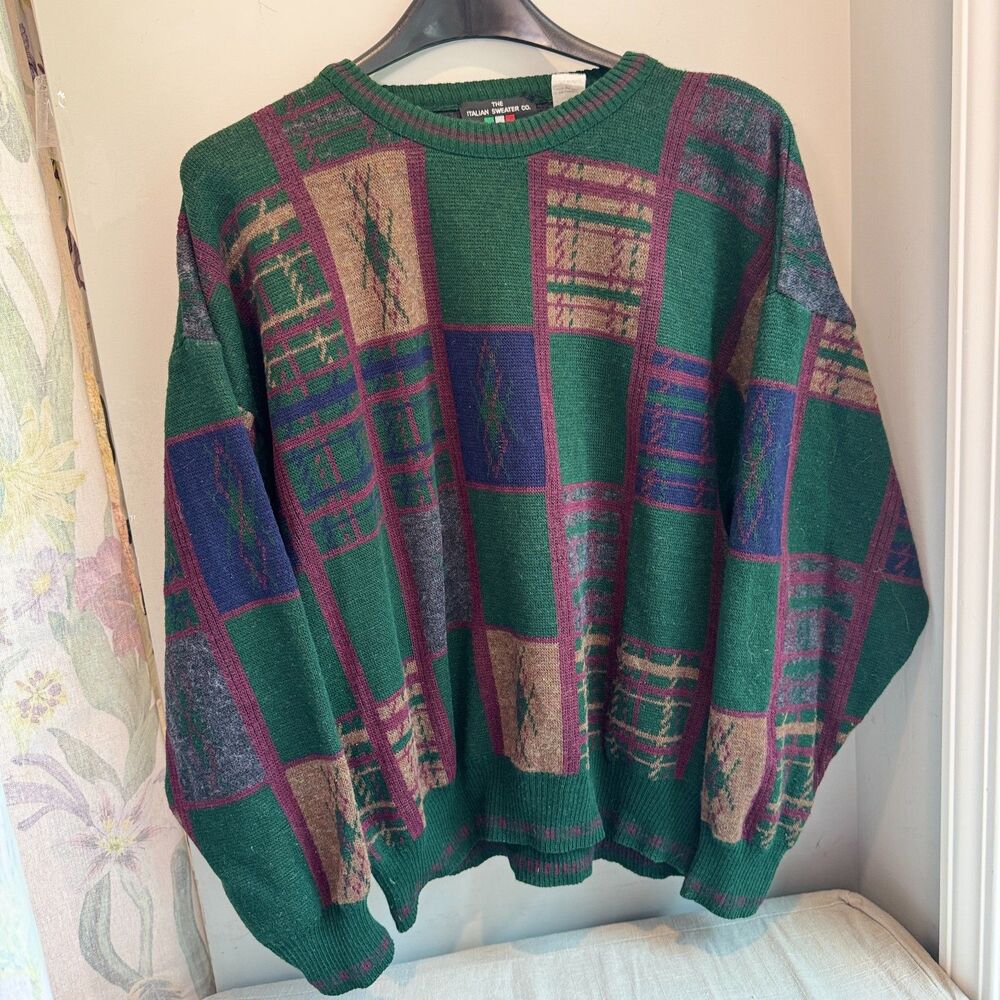 The Italian Sweater Company Mens XL Green Multi Pattern Grandpa Sweater